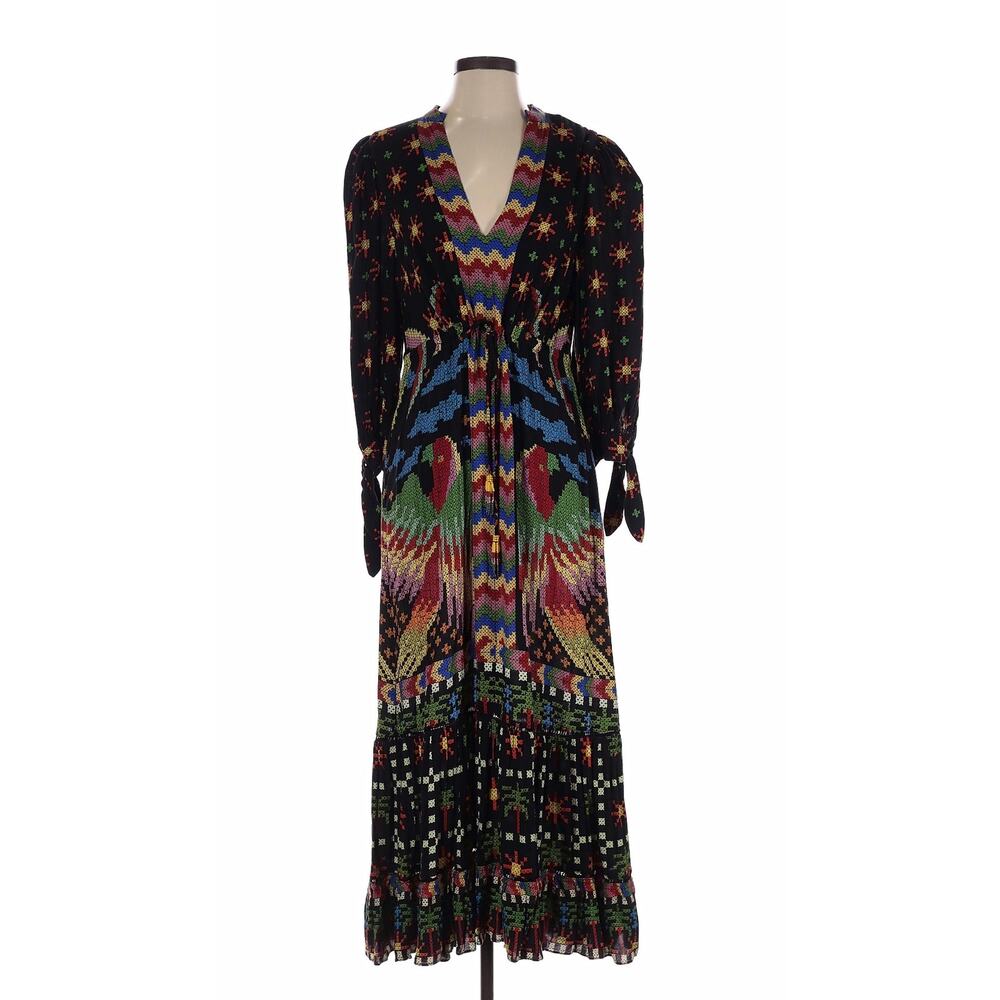 NWT Farm Rio Black Macaw Night Maxi Dress Multicolor V-Neck Size Small Boho - Picture 3 of 5